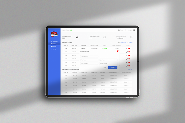 Tablet prototype of the Lavii order management app showing pending orders and a create-order modal