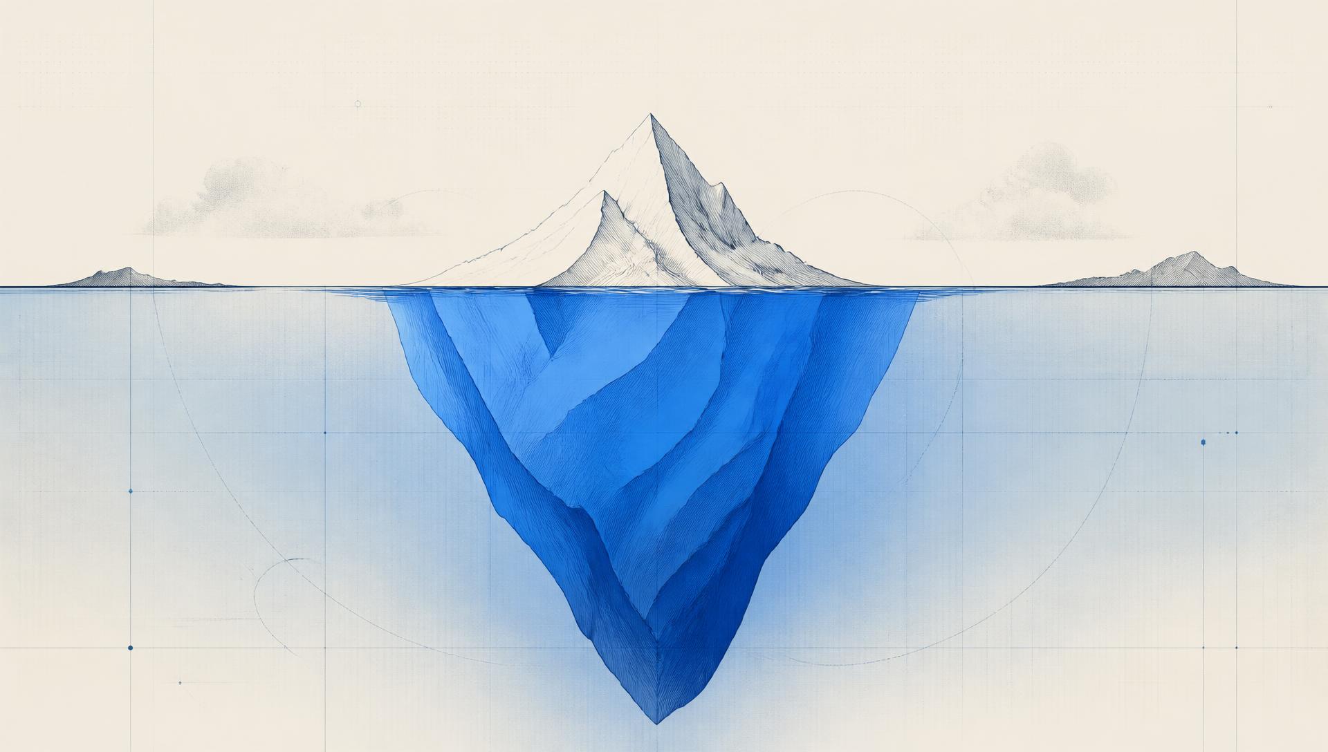 Minimal illustration of an iceberg with a small tip above the waterline and a vast mass hidden below
