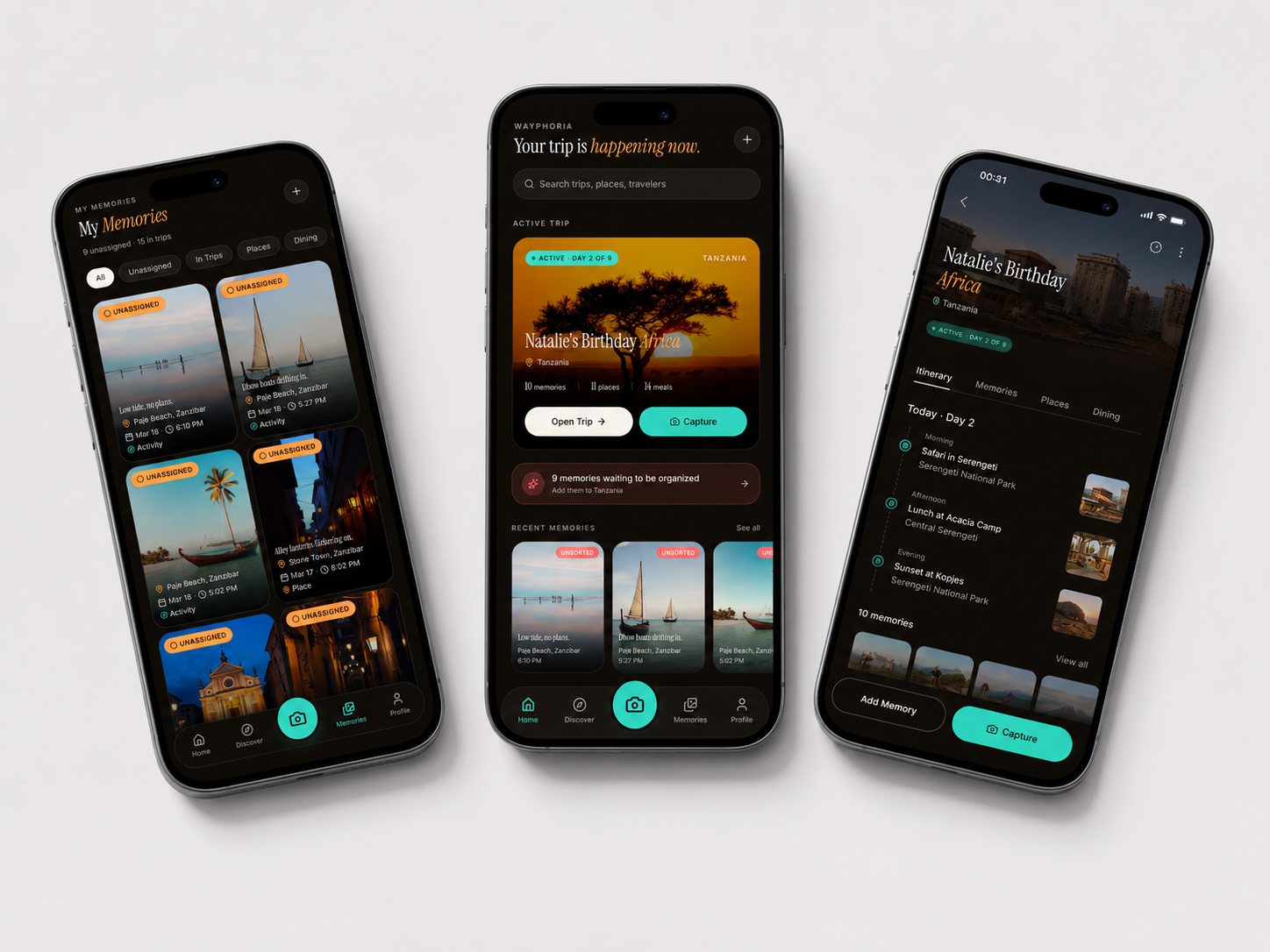 Three phones showing the Wayphoria memories library, active trip home, and trip day itinerary