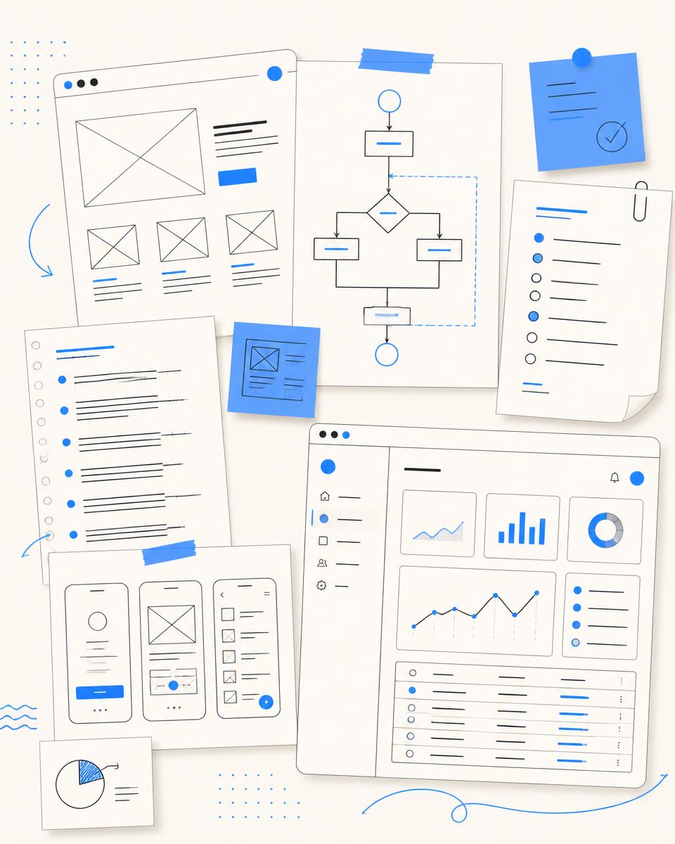 Collage of wireframes, workflow maps, and annotated interface screens from recent projects