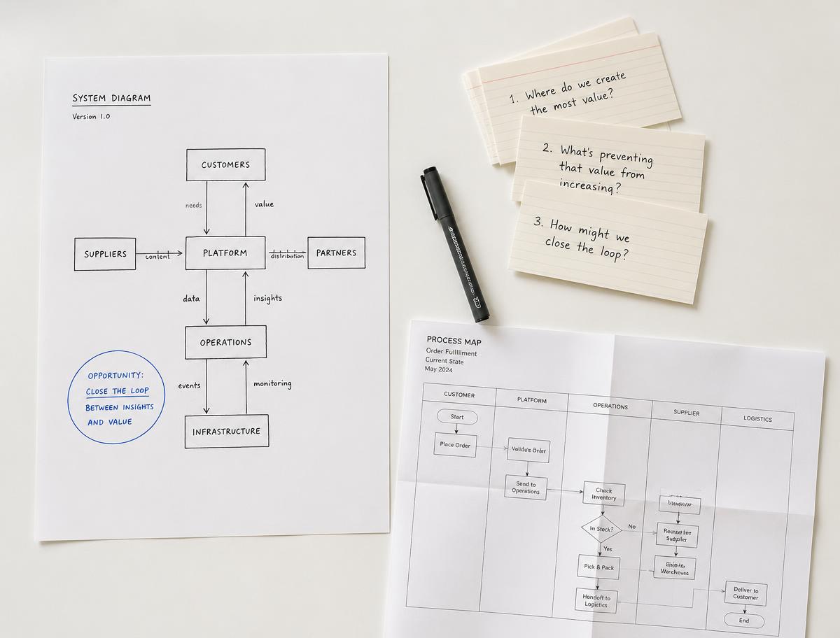 Notes and diagrams mapping the questions behind a product decision