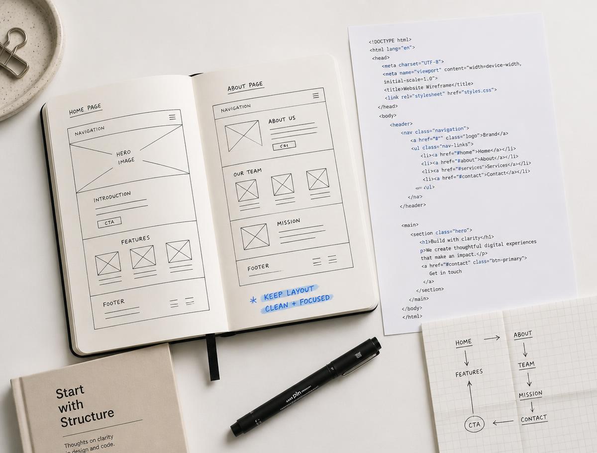 Sketchbook wireframes, a printed page of HTML, and a hand-drawn site map on a desk