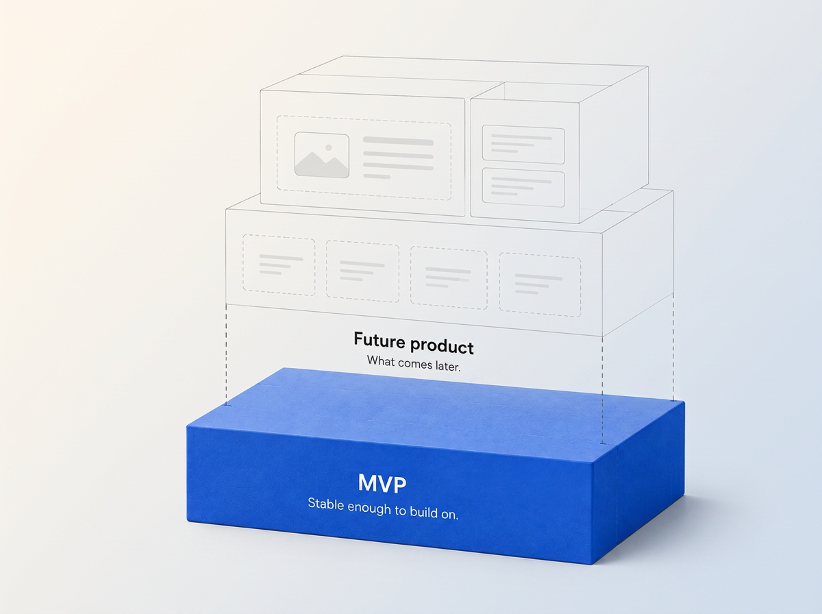 3D diagram showing MVP as a solid blue foundation supporting a wireframe of the future product