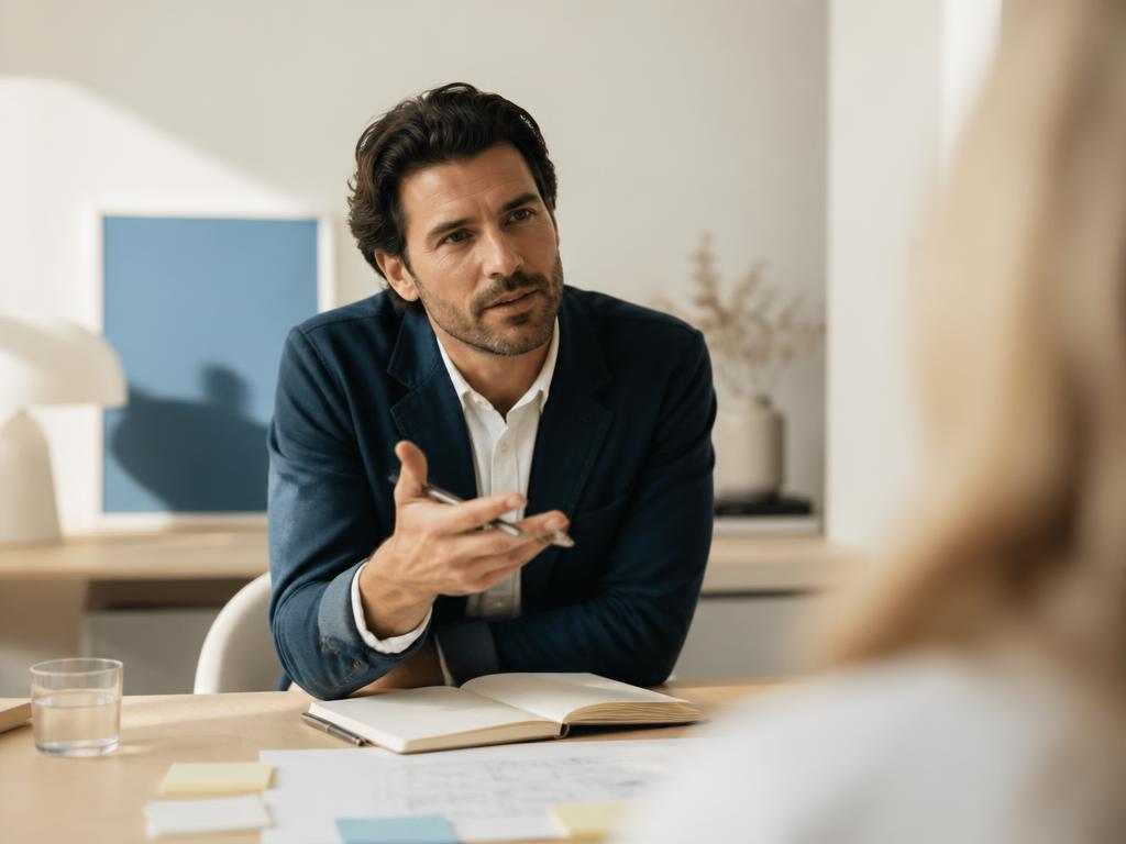 A thoughtful strategist in conversation, leaning in to ask a difficult question before committing to a solution