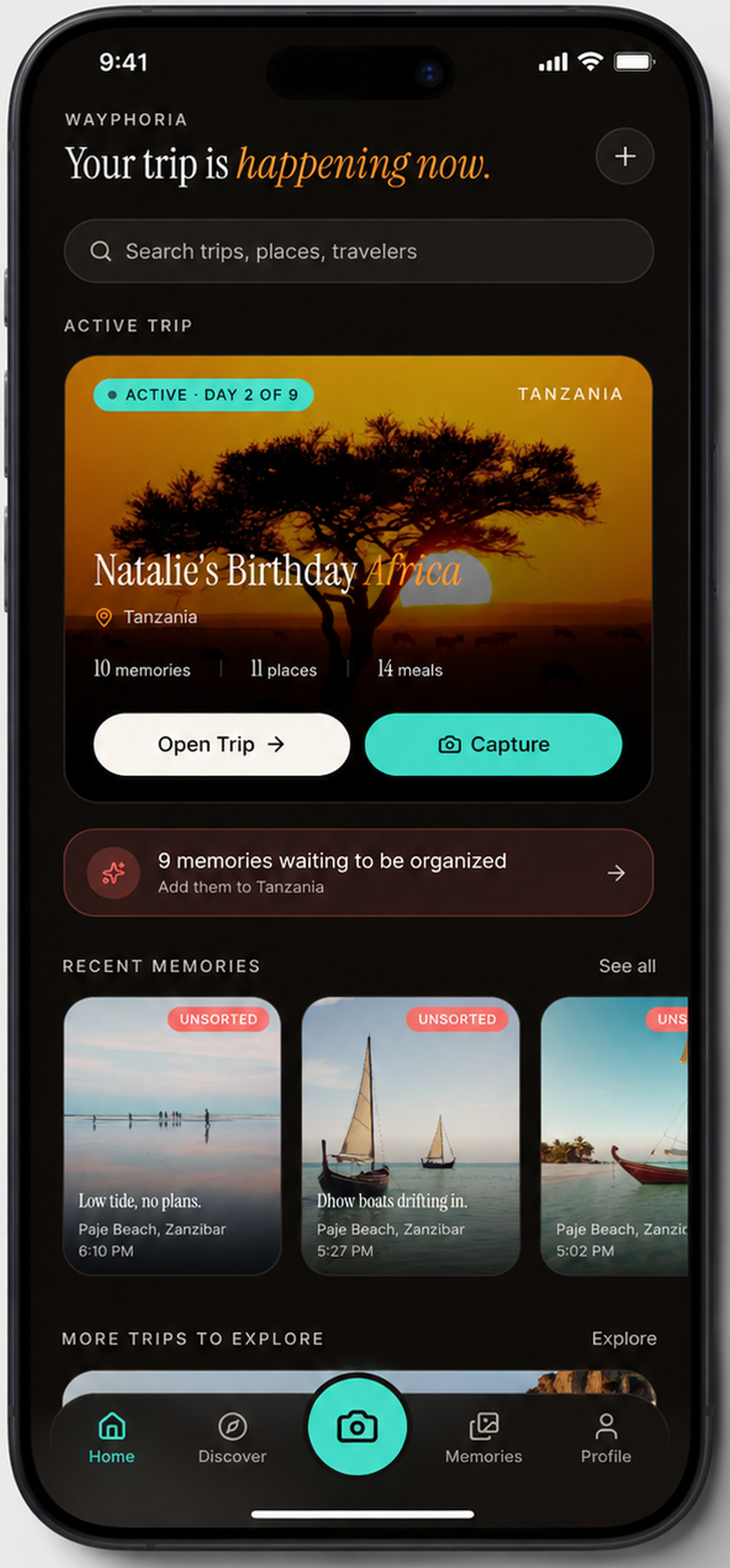 Wayphoria Home screen showing the active trip card, a prompt for nine memories waiting to be organized, and recent memories