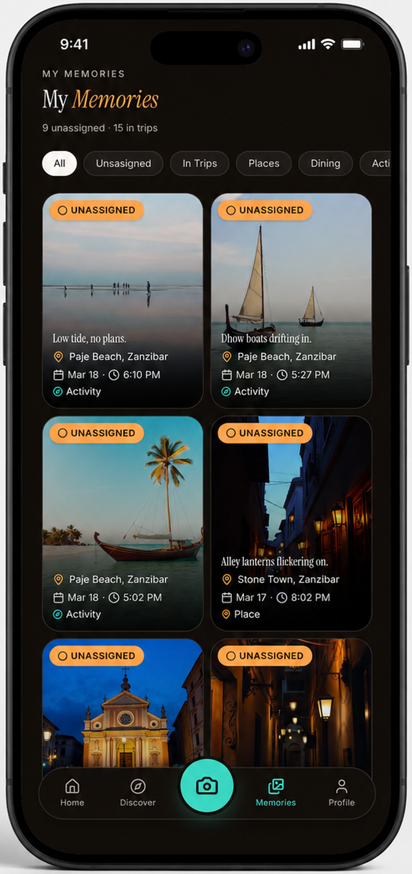 Wayphoria My Memories screen with filters and a grid of captured moments labelled unassigned