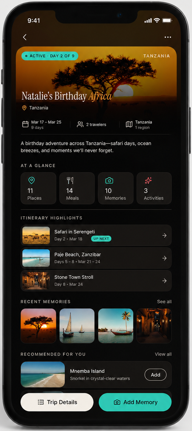 Wayphoria trip detail screen showing a day-by-day itinerary with attached memories