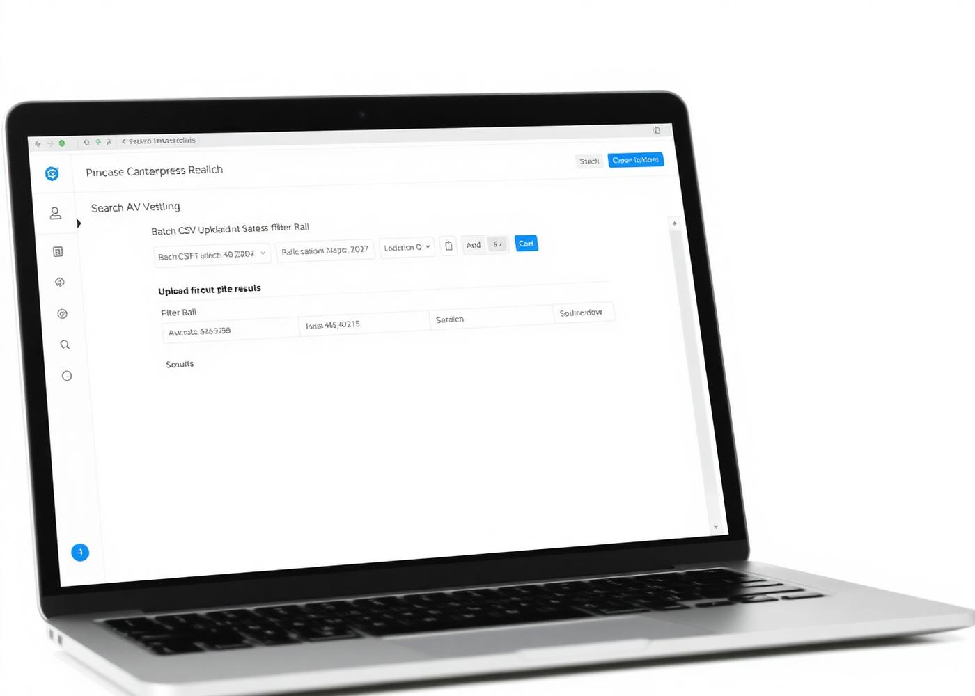 Search and vetting interface with batch upload validation, filters, and dense results